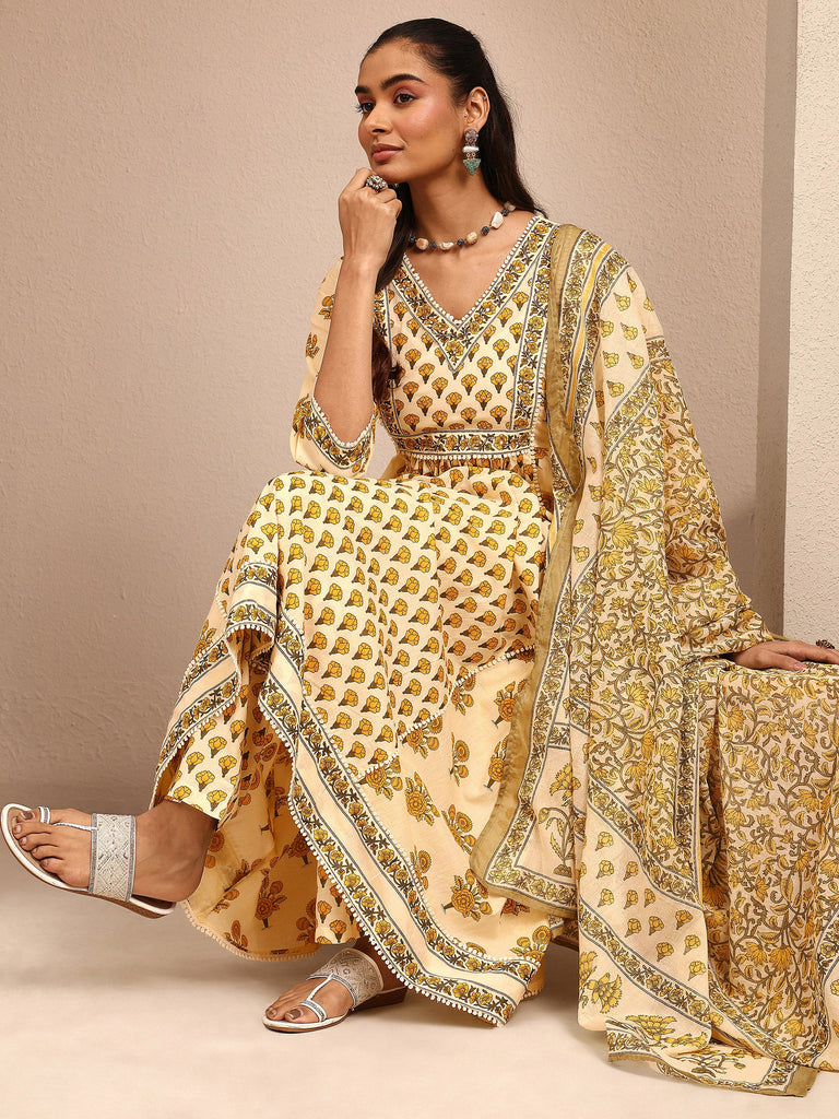 Libas Yellow Printed Cotton Anarkali Suit Set With Dupatta