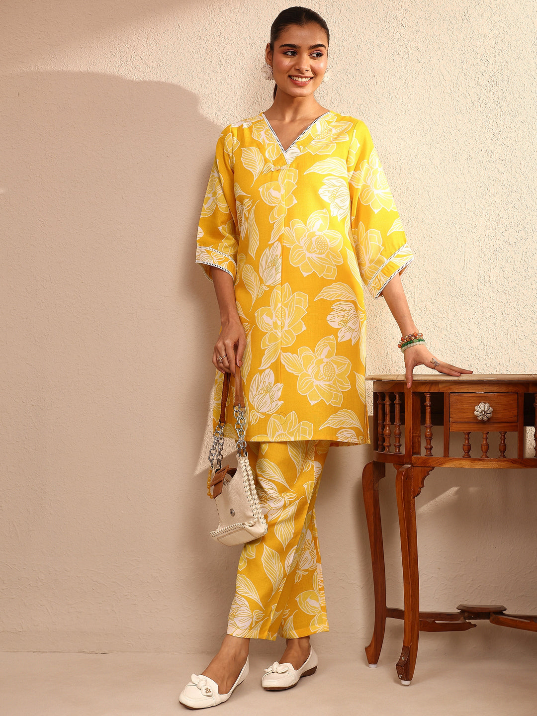 Yellow Printed Cotton Blend Co-Ord Set