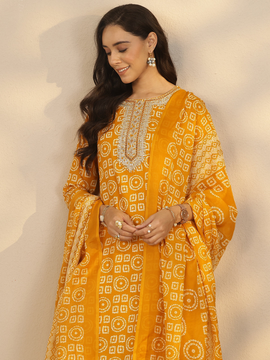  Yellow Printed Cotton Blend Straight Suit Set With Dupatta 