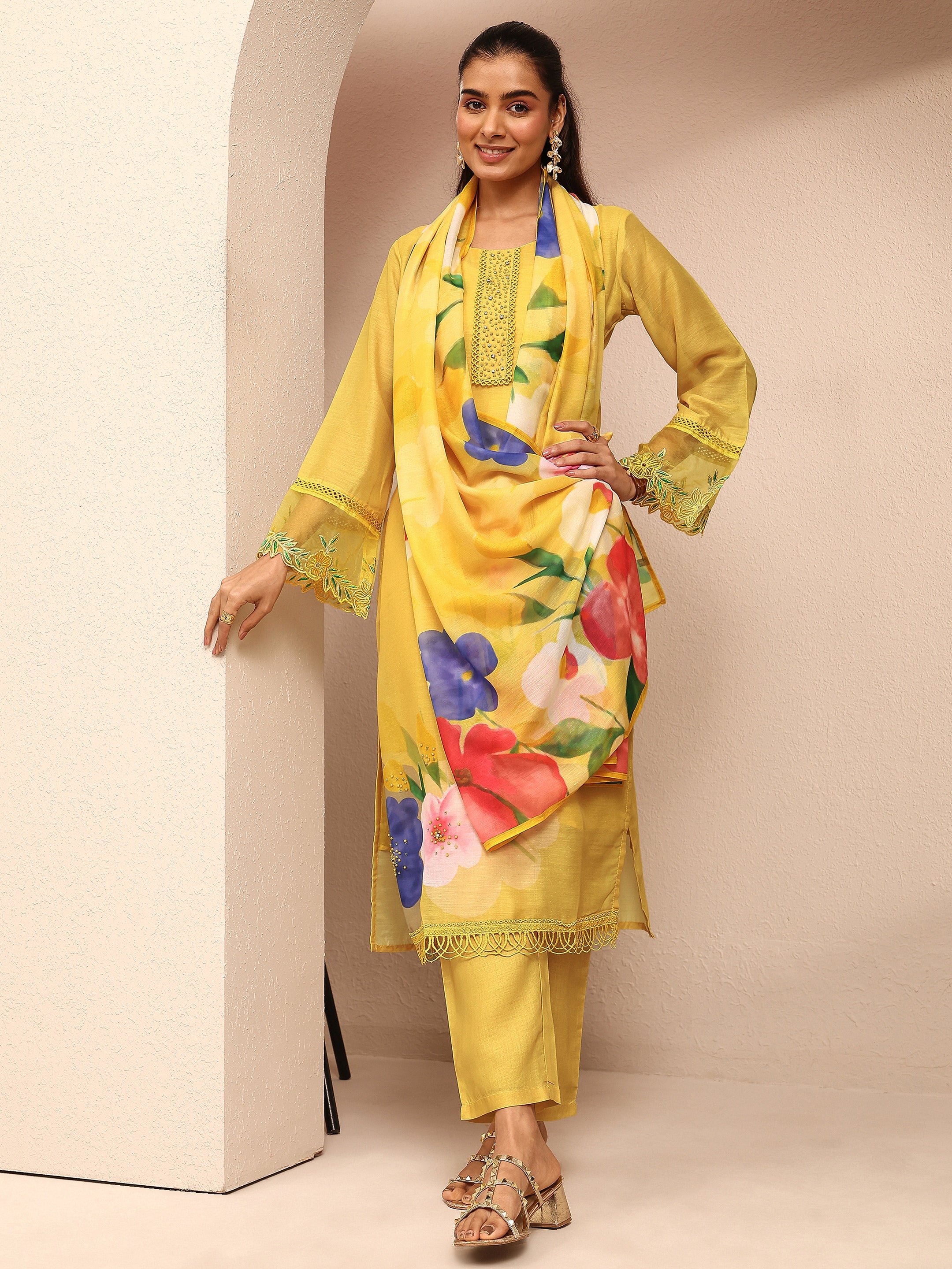 libas Yellow Printed Cotton Blend Straight Suit Set With Dupatta-picture-50
