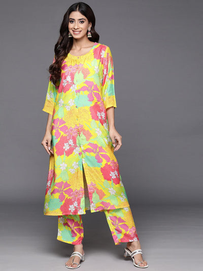 Yellow Printed Cotton Blend Tunic With Palazzos - Libas