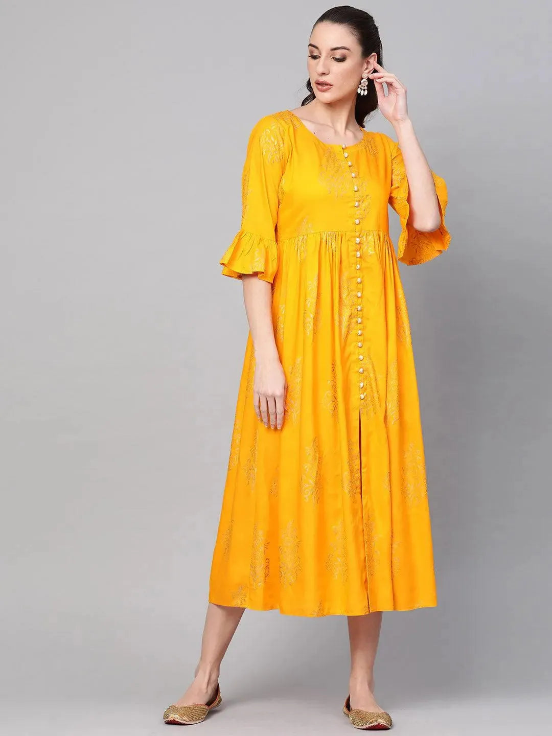 Yellow Printed Cotton Dress - Libas