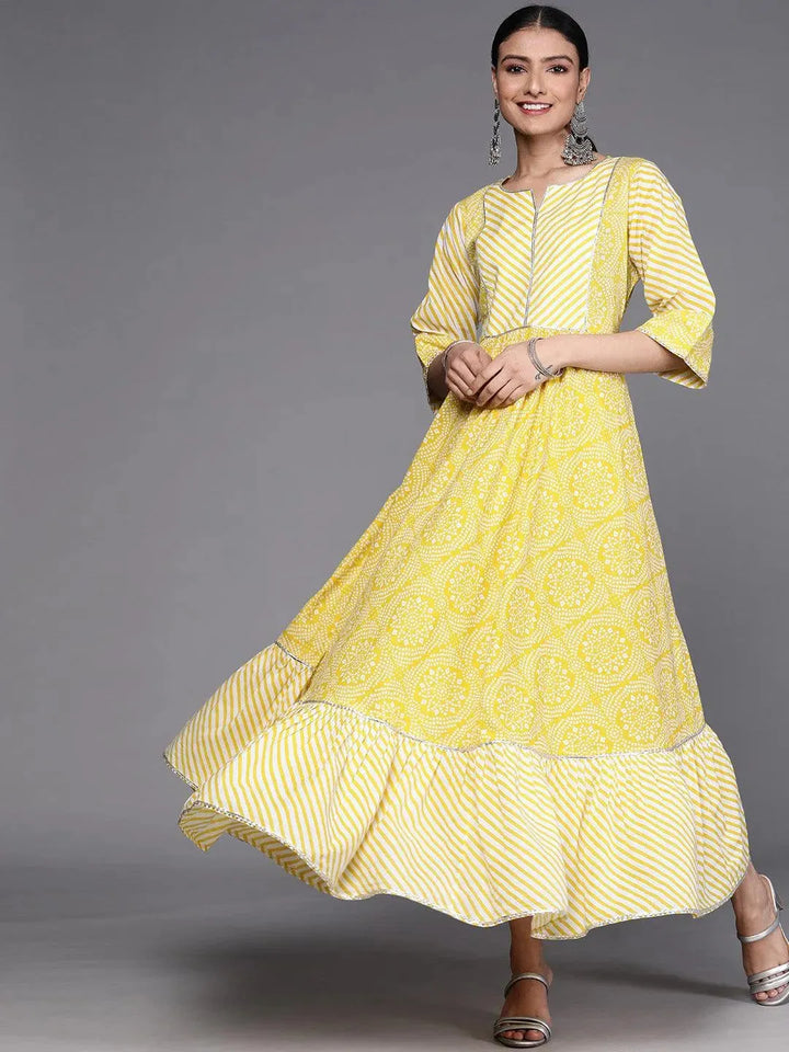 Yellow Printed Cotton Dress - Libas