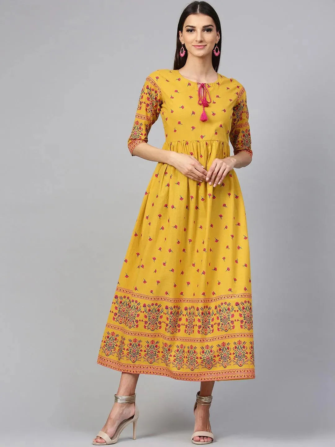 Yellow Printed Cotton Dress - Libas