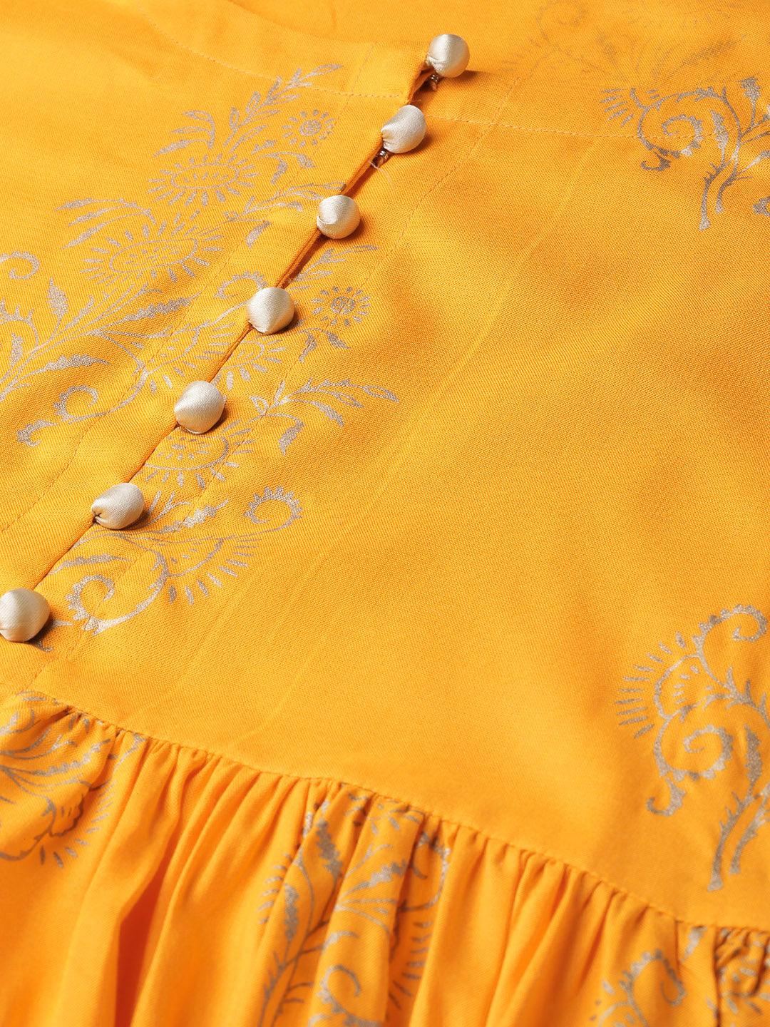 Yellow Printed Cotton Dress - Libas