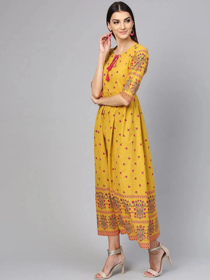 Yellow Printed Cotton Dress - Libas
