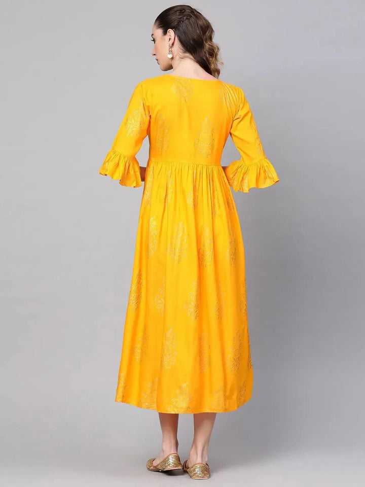 Yellow Printed Cotton Dress - Libas