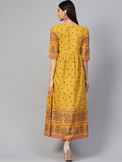 Yellow Printed Cotton Dress - Libas