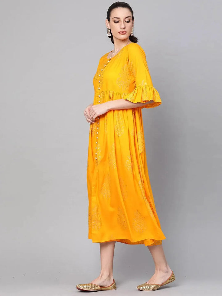 Yellow Printed Cotton Dress - Libas