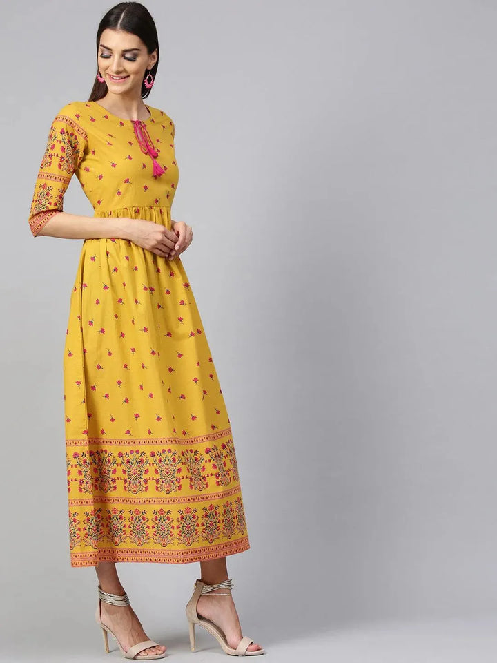 Yellow Printed Cotton Dress - Libas