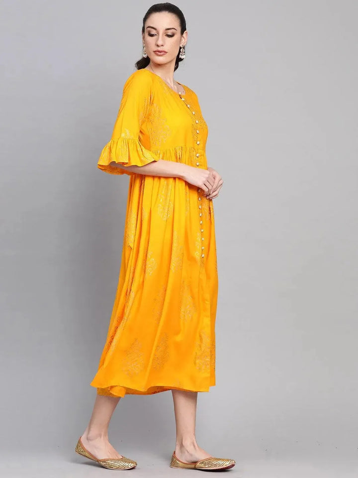 Yellow Printed Cotton Dress - Libas