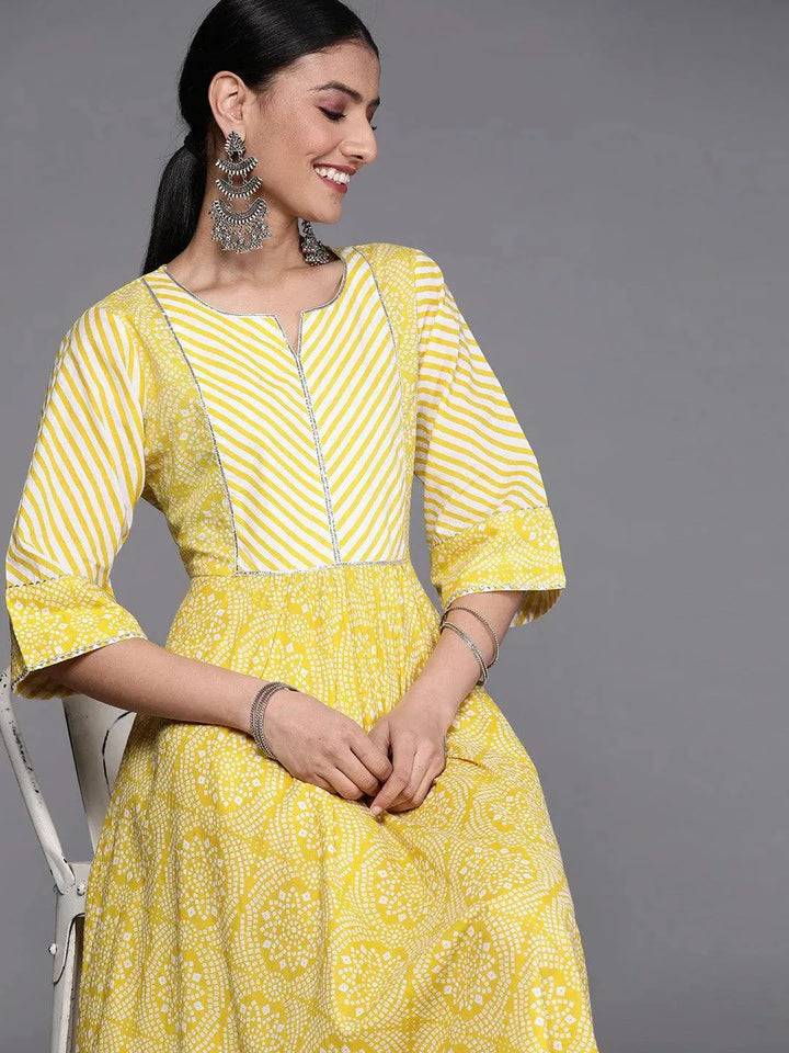 Yellow Printed Cotton Dress - Libas