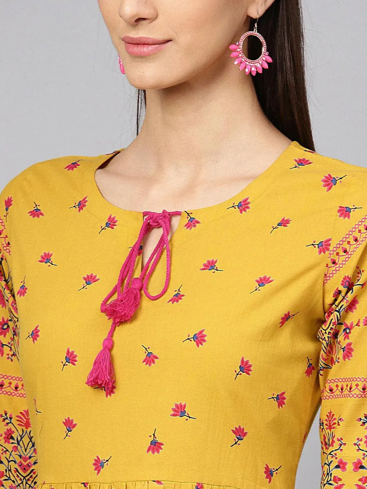 Yellow Printed Cotton Dress - Libas