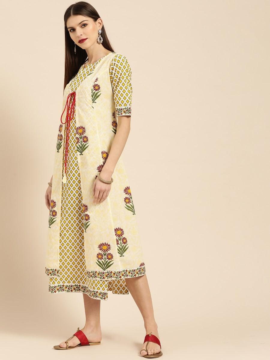 Yellow Printed Cotton Dress With Jacket - Libas