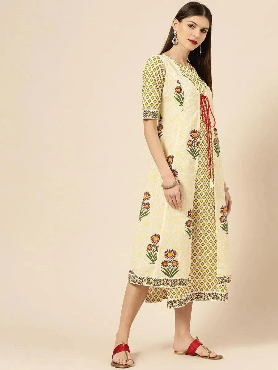 Yellow Printed Cotton Dress With Jacket - Libas