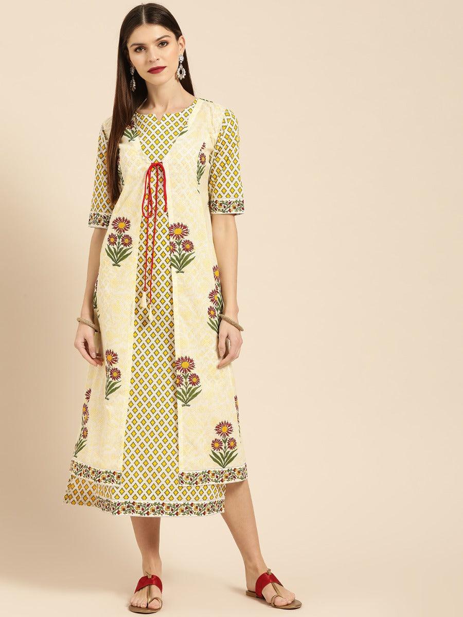 Yellow Printed Cotton Dress With Jacket