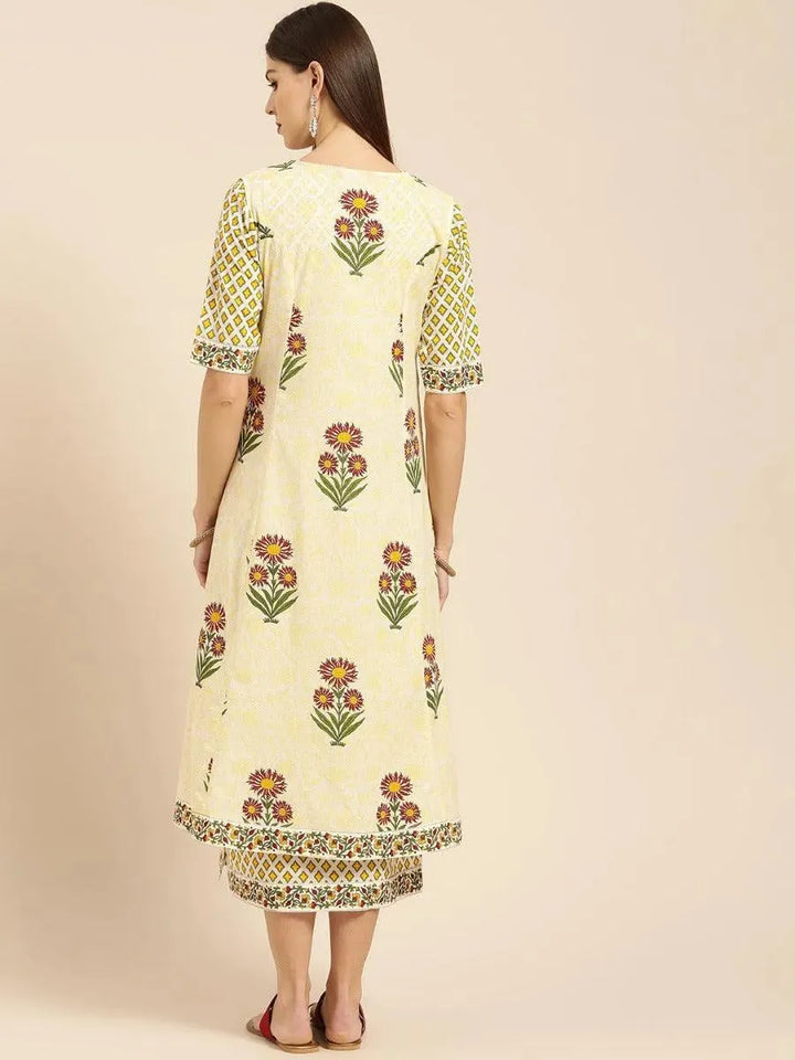 Yellow Printed Cotton Dress With Jacket - Libas