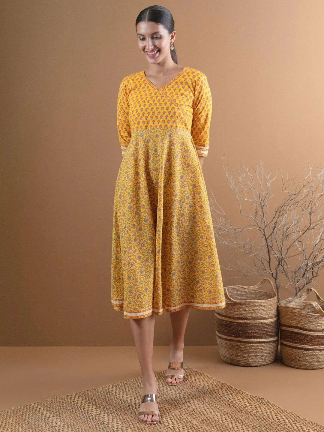 Yellow Printed Cotton Dress With Mask - Libas