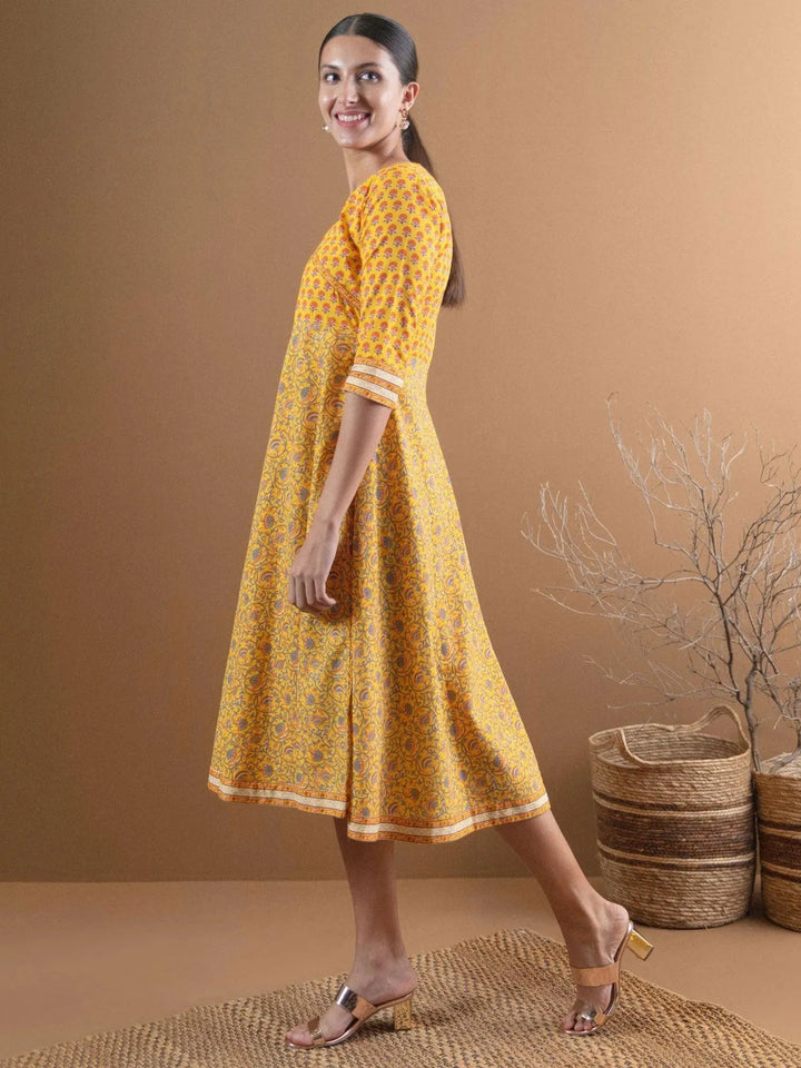 Yellow Printed Cotton Dress With Mask - Libas