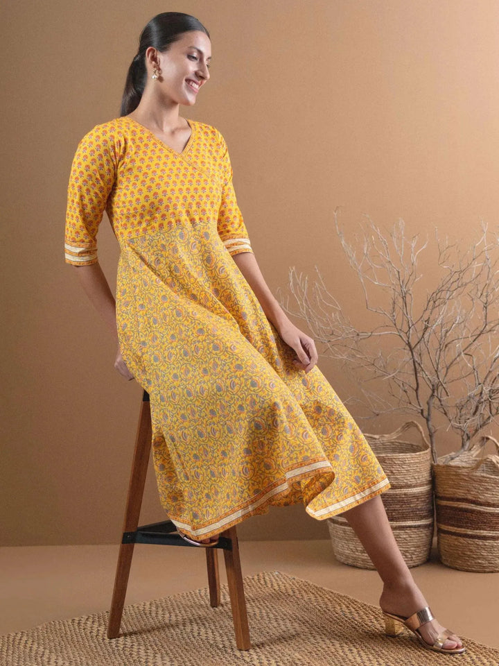Yellow Printed Cotton Dress With Mask - Libas