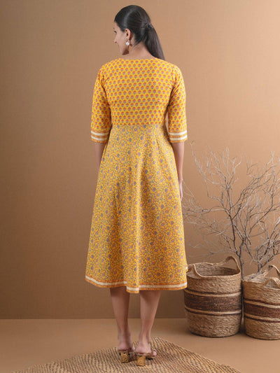 Yellow Printed Cotton Dress With Mask - Libas