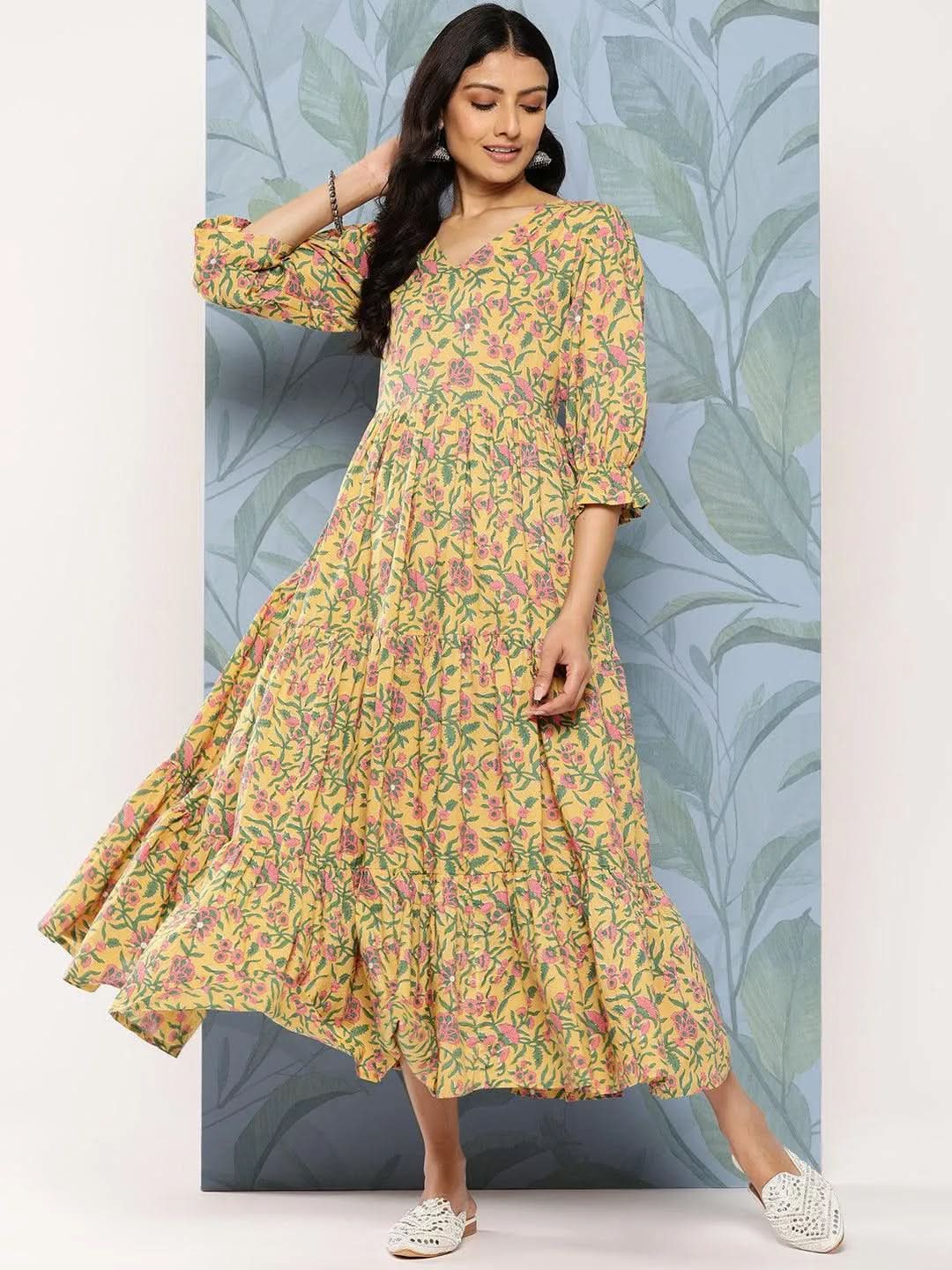 

Yellow Printed Cotton Fit and Flare Dress