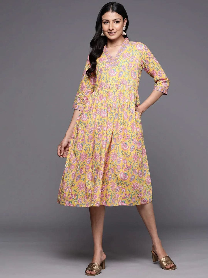 Yellow Printed Cotton Fit and Flare Dress - Libas
