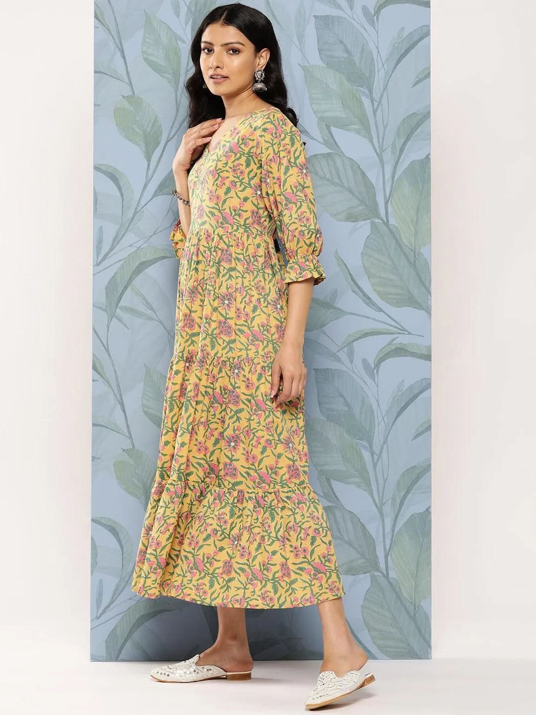 Yellow Printed Cotton Fit and Flare Dress - Libas 