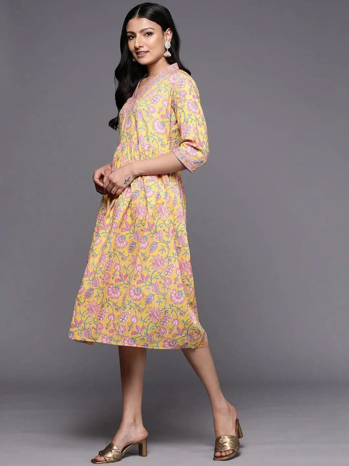 Yellow Printed Cotton Fit and Flare Dress - Libas