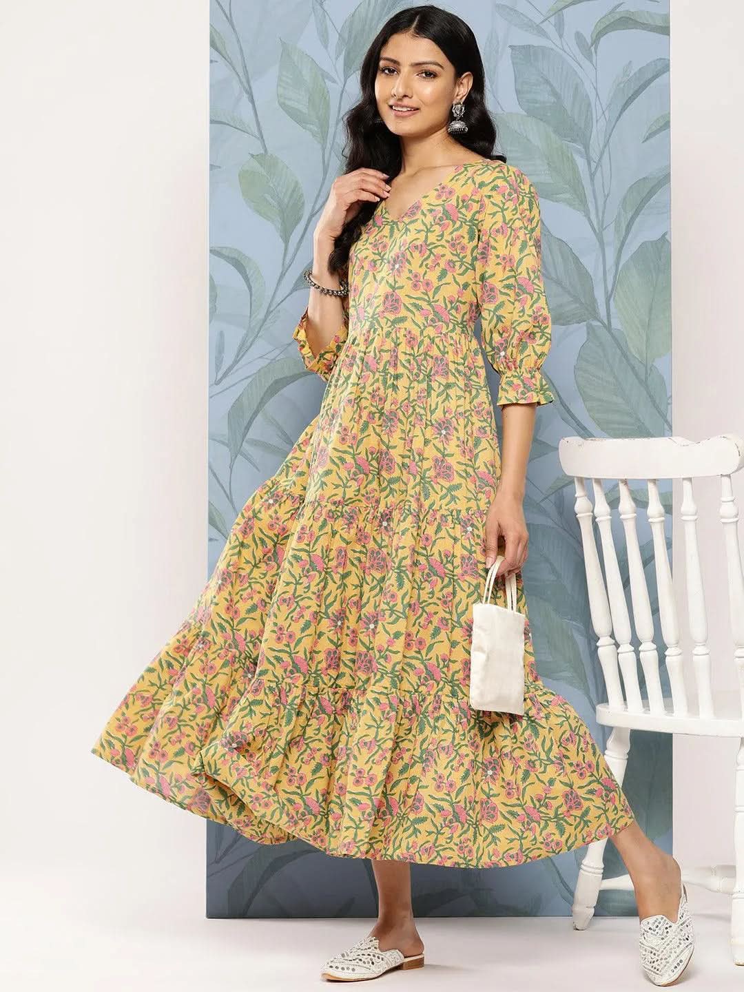 Yellow Printed Cotton Fit and Flare Dress - Libas 