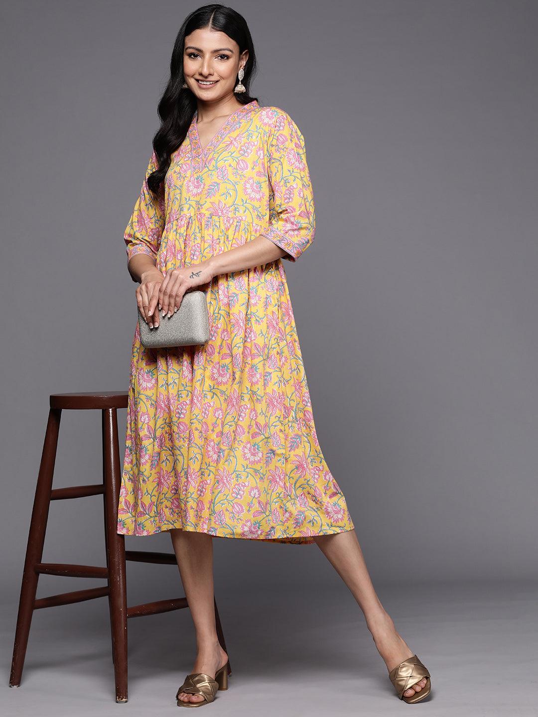 Yellow Printed Cotton Fit and Flare Dress - Libas