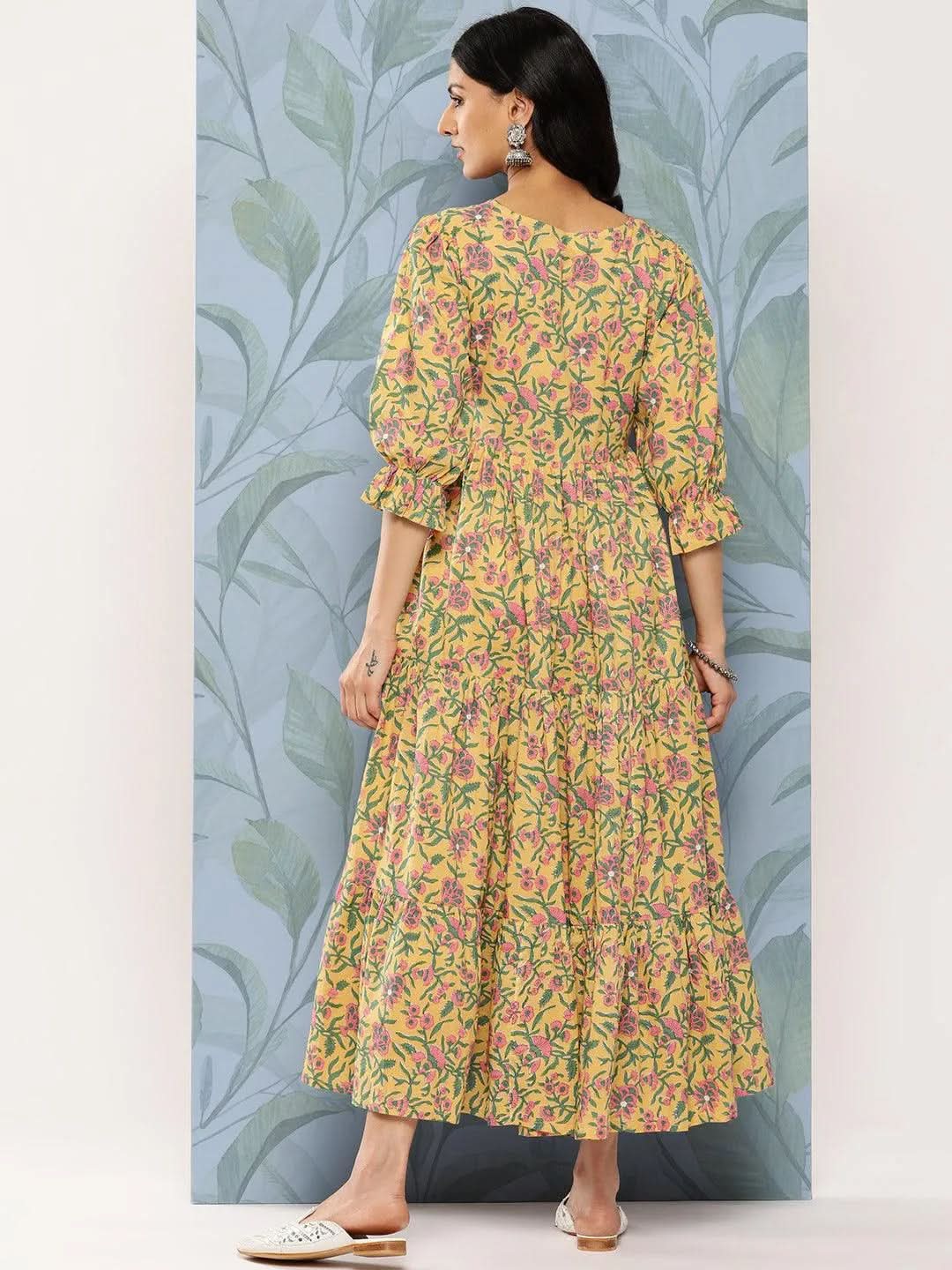 Yellow Printed Cotton Fit and Flare Dress - Libas 