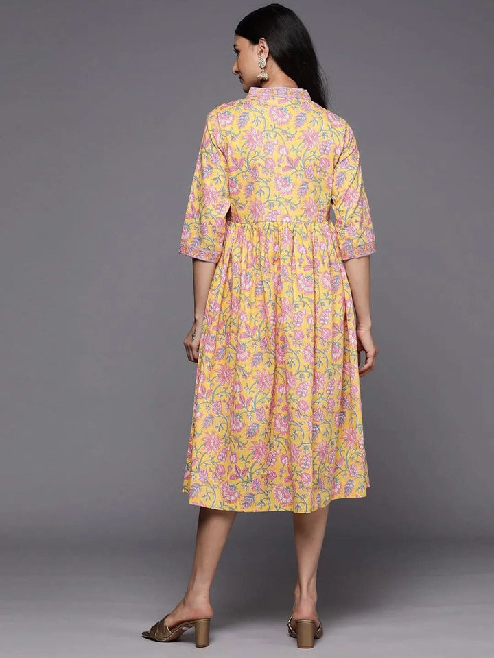 Yellow Printed Cotton Fit and Flare Dress - Libas