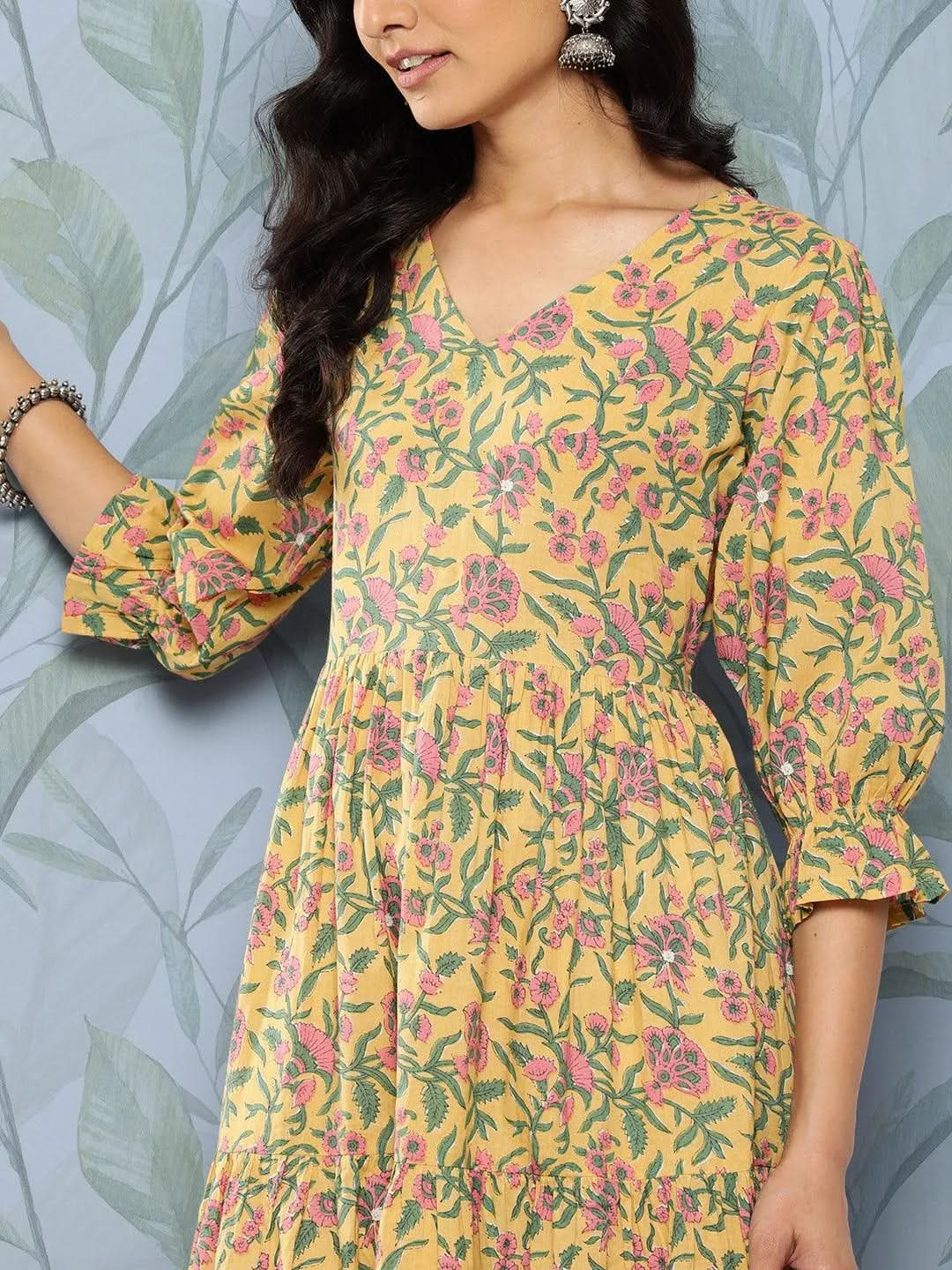 Yellow Printed Cotton Fit and Flare Dress - Libas 