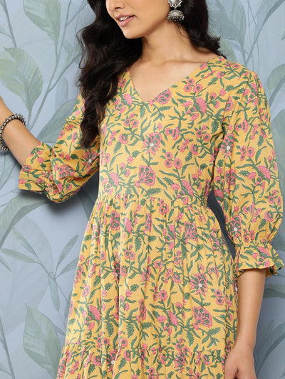 Yellow Printed Cotton Fit and Flare Dress - Libas