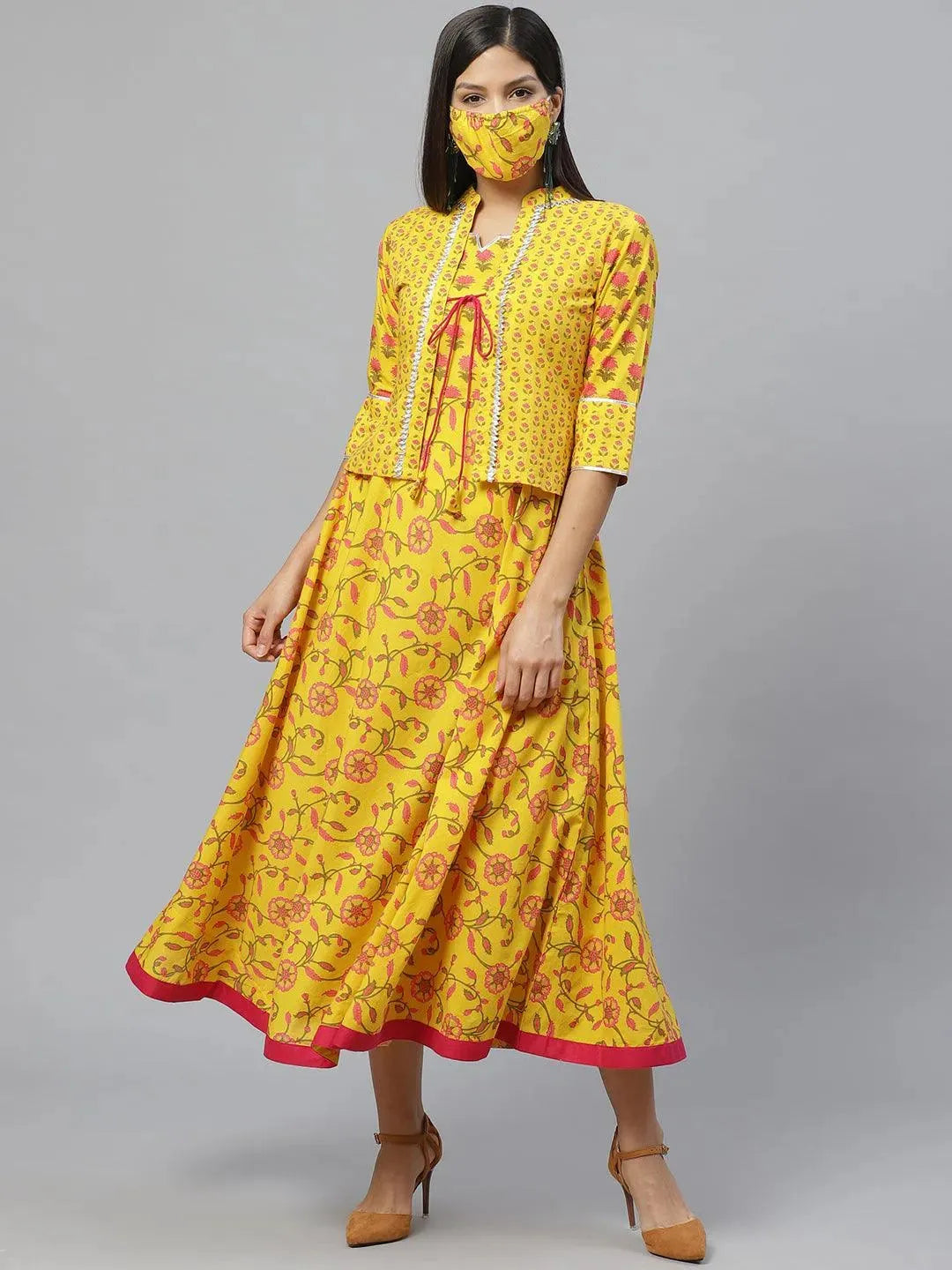 Yellow Printed Cotton Jacket Dress With Mask - Libas