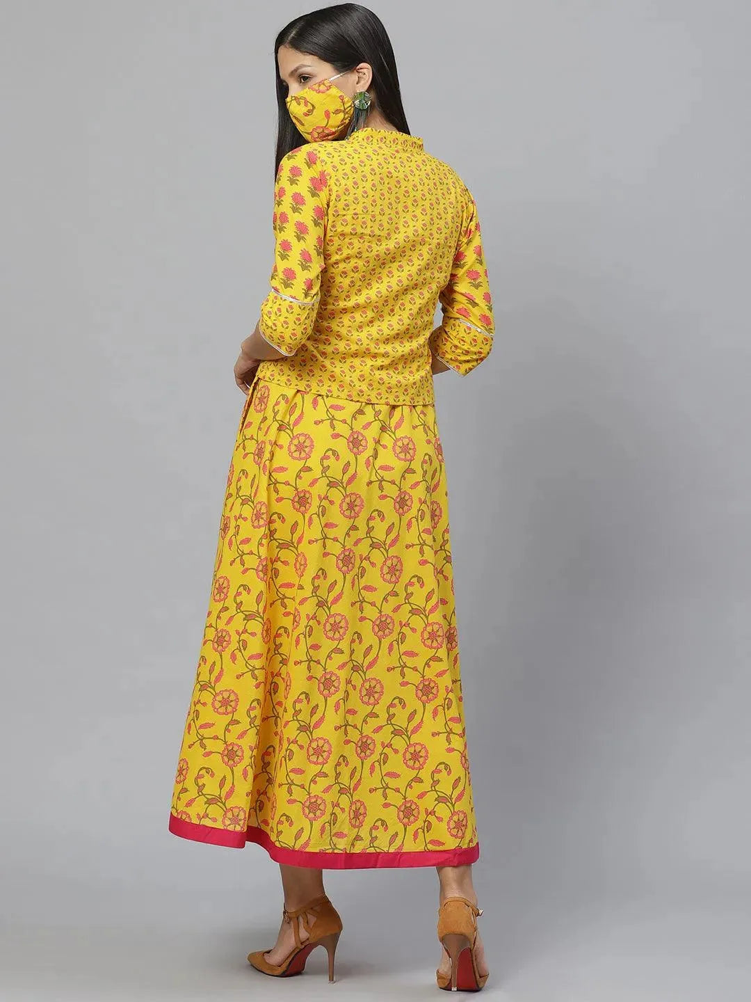 Yellow Printed Cotton Jacket Dress With Mask - Libas 