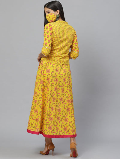 Yellow Printed Cotton Jacket Dress With Mask - Libas