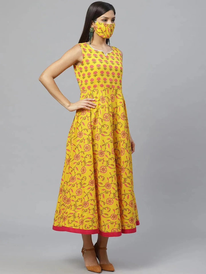 Yellow Printed Cotton Jacket Dress With Mask - Libas