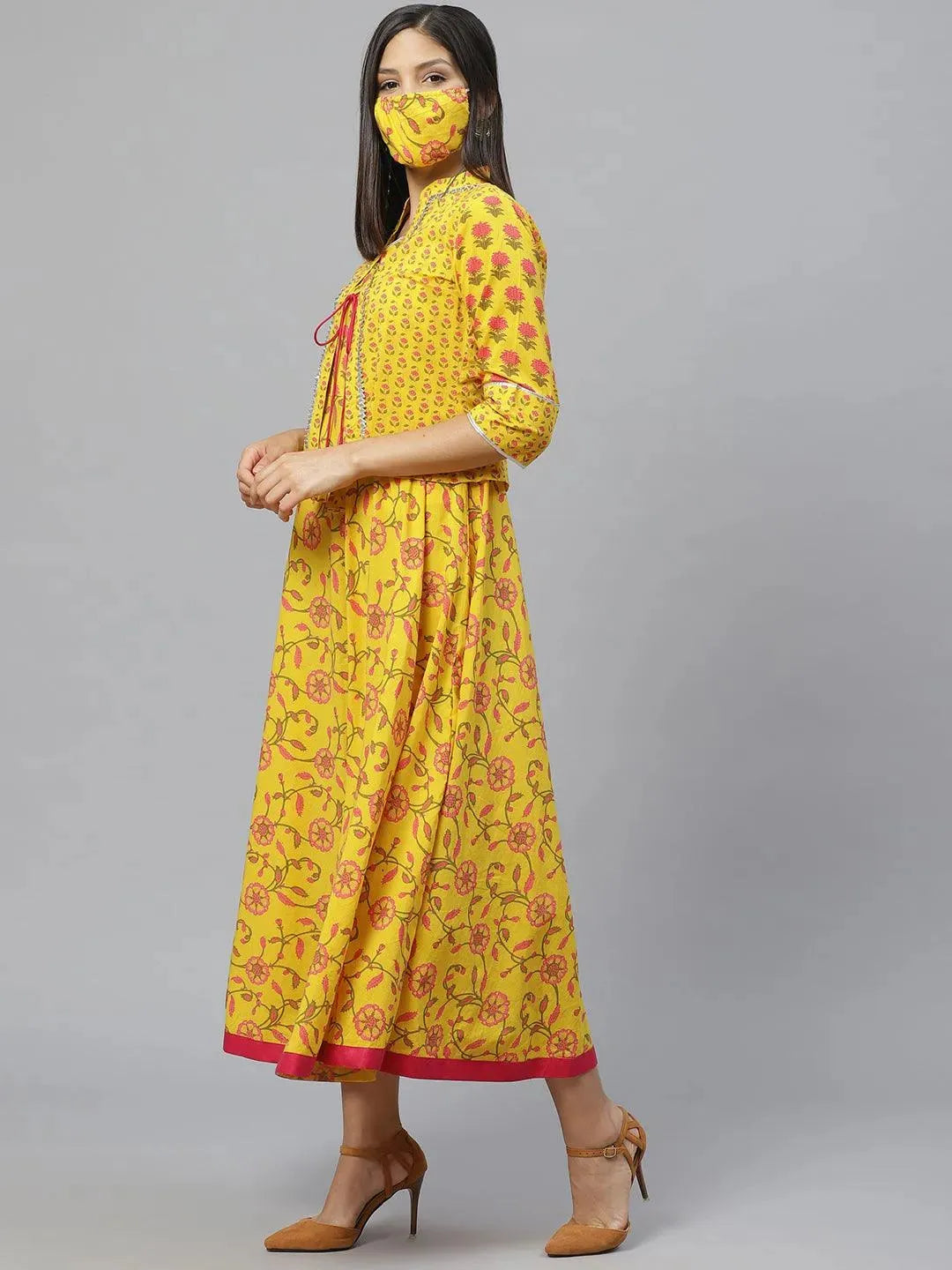 Yellow Printed Cotton Jacket Dress With Mask - Libas