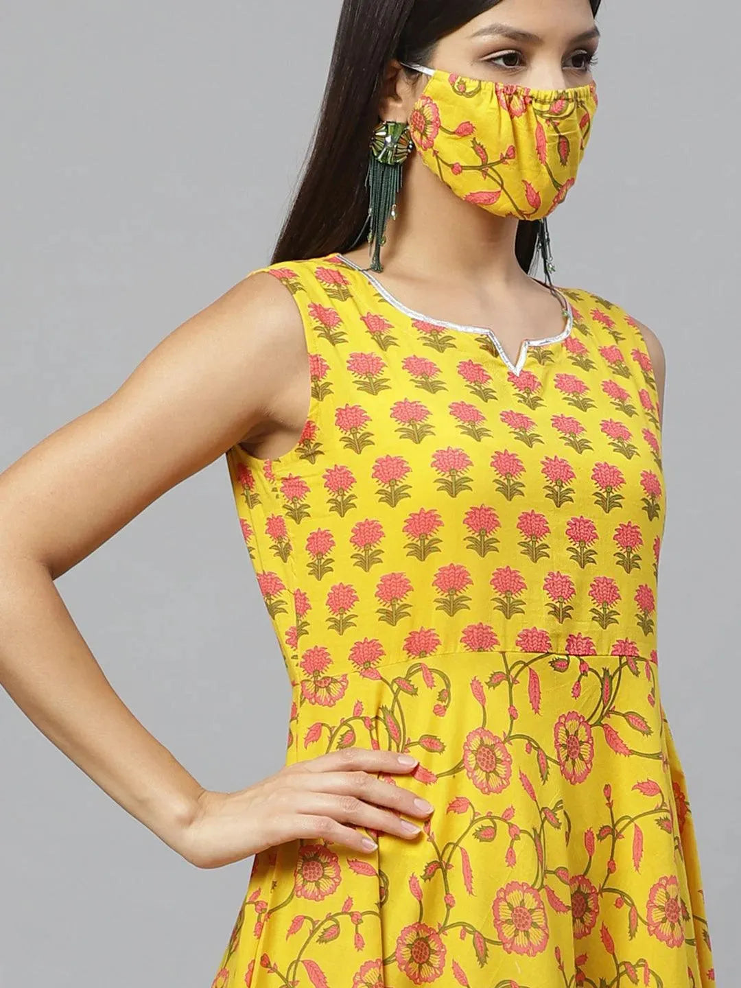 Yellow Printed Cotton Jacket Dress With Mask - Libas