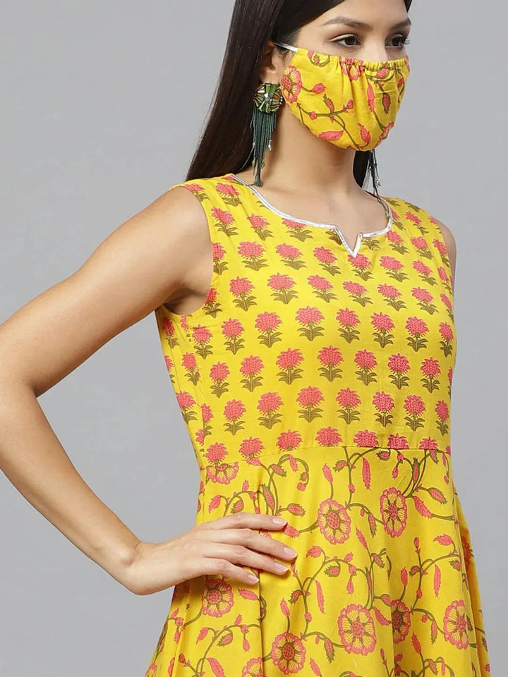 Yellow Printed Cotton Jacket Dress With Mask - Libas