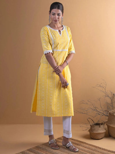 Yellow Printed Cotton Kurta - Libas