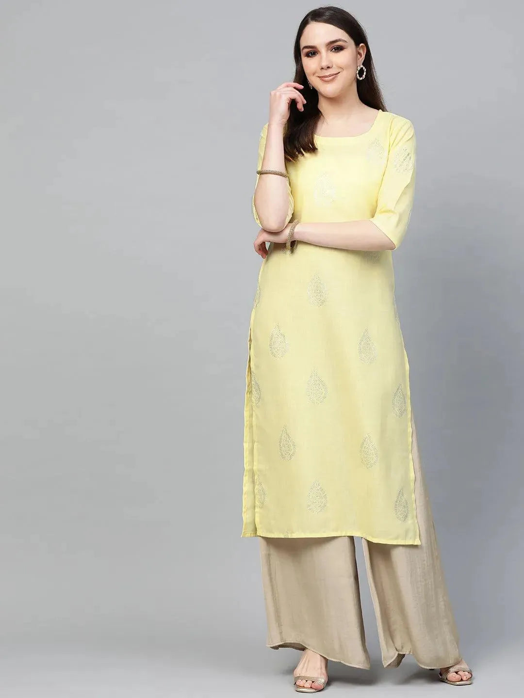 Yellow Printed Cotton Kurta - Libas