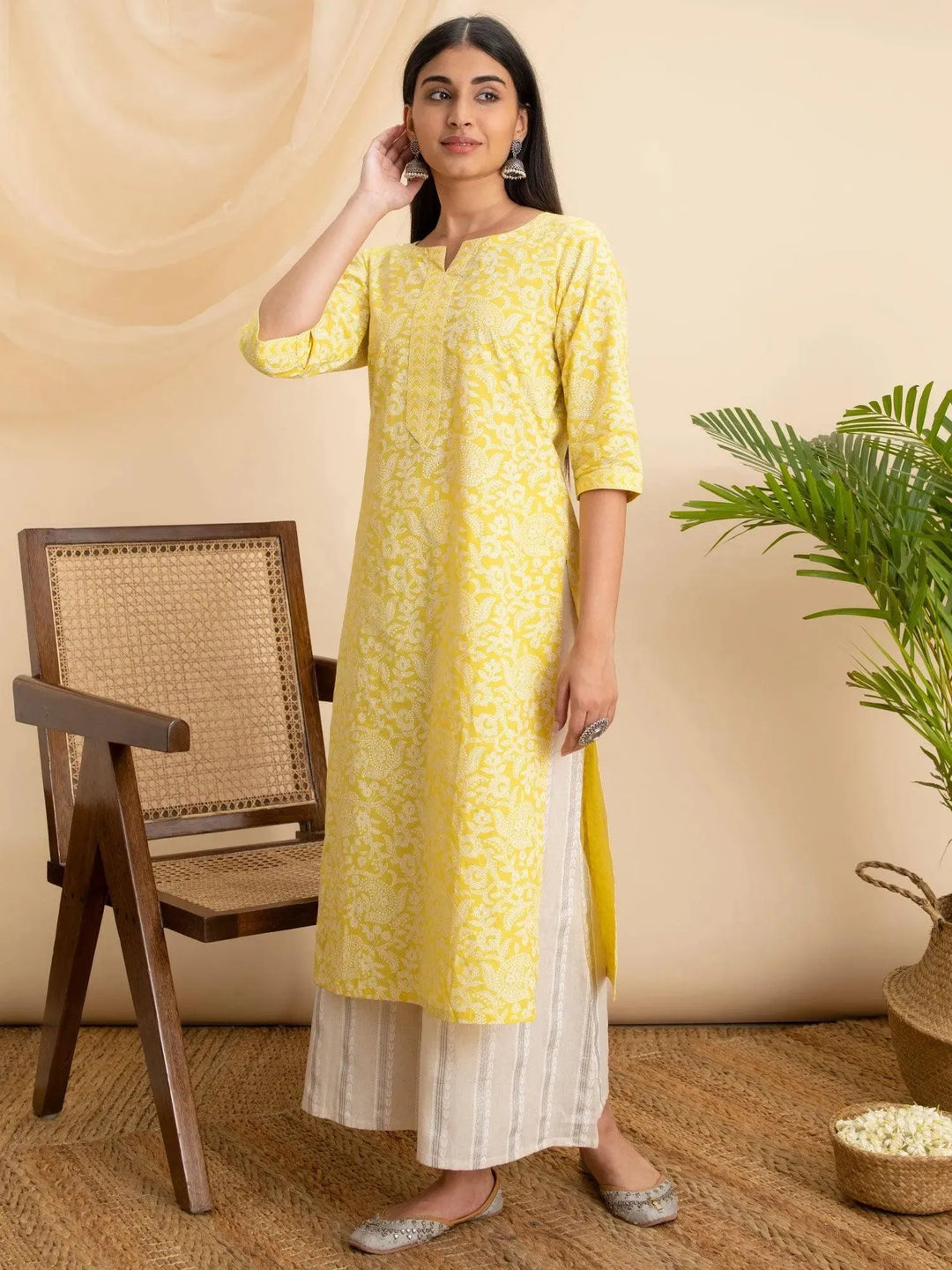 Yellow Printed Cotton Kurta - Libas