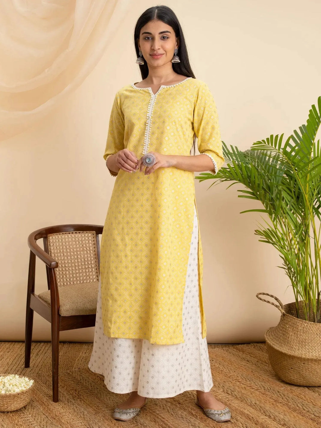 Yellow Printed Cotton Kurta - Libas