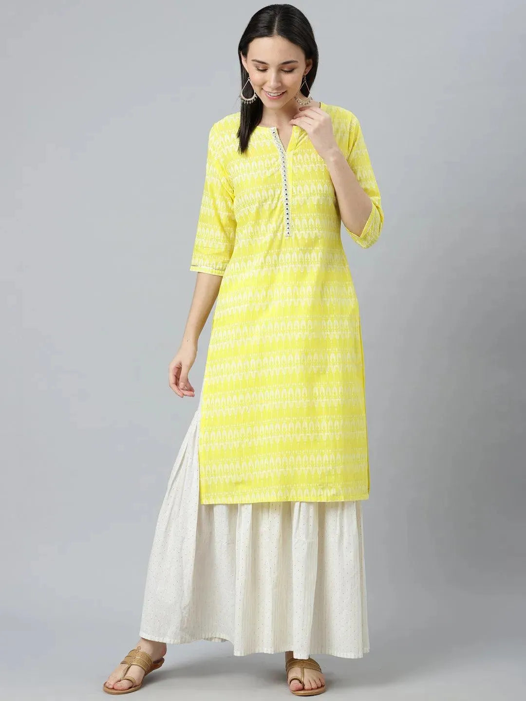 Yellow Printed Cotton Kurta - Libas