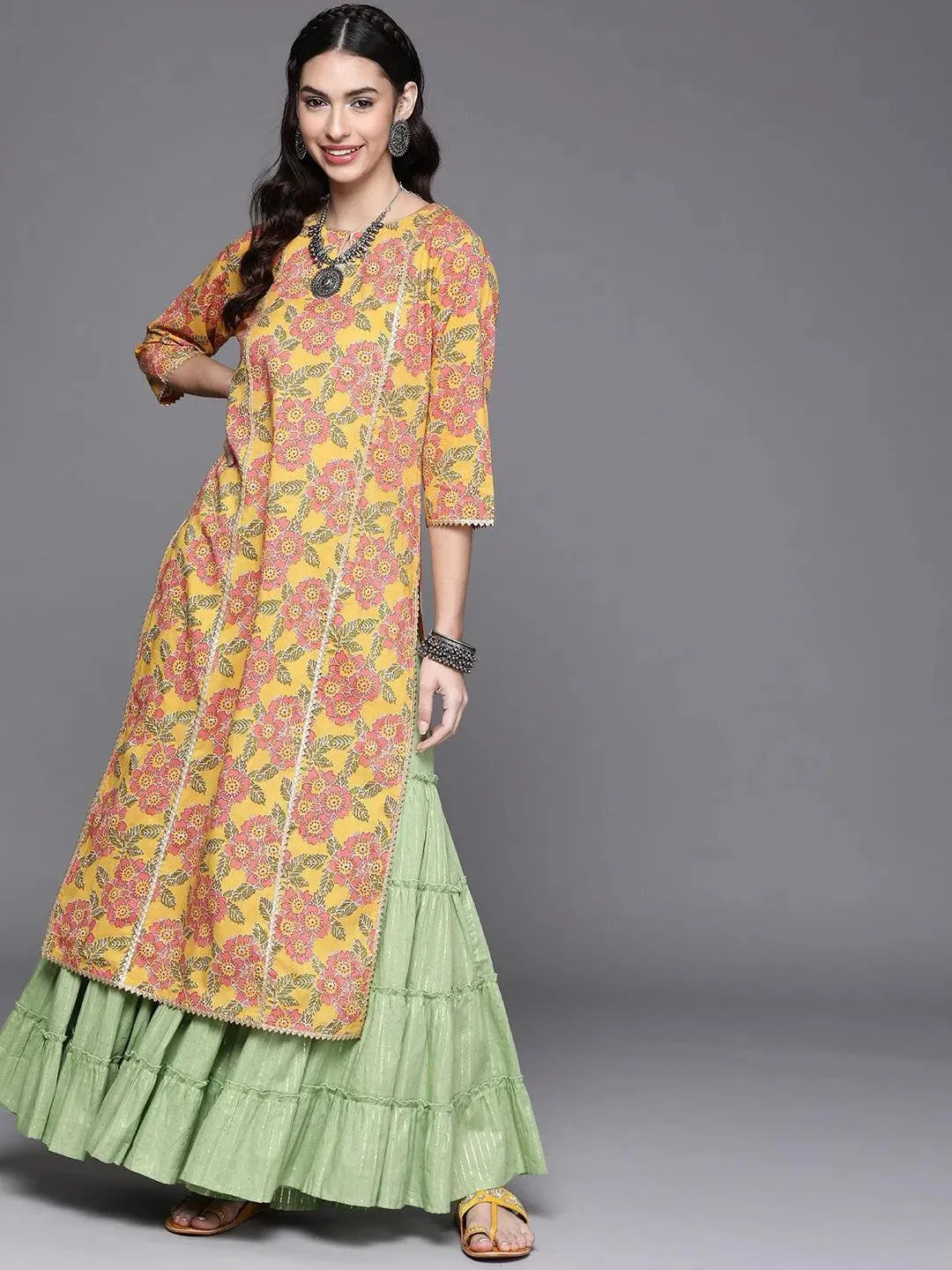 Yellow Printed Cotton Kurta - Libas