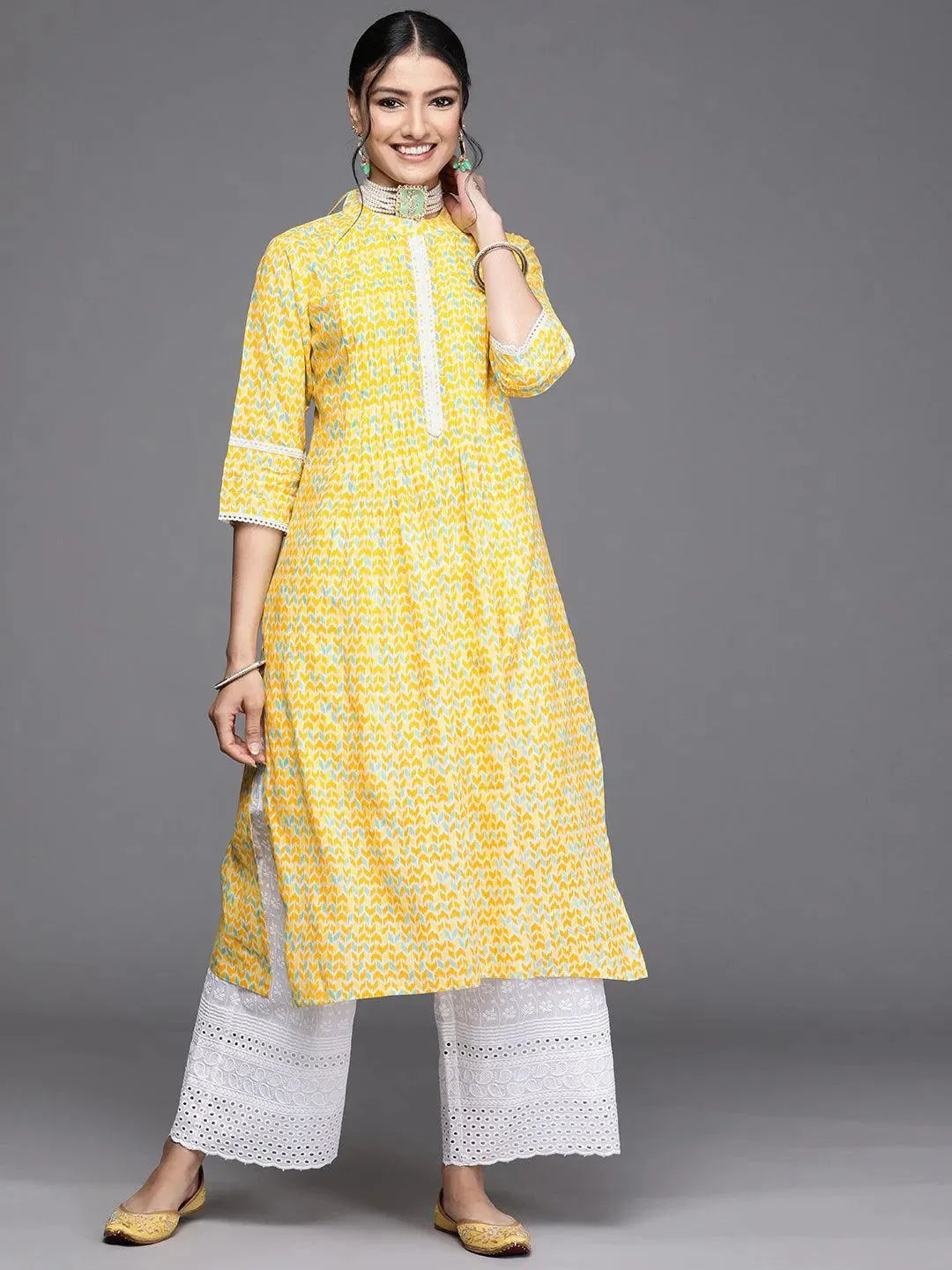 Yellow Printed Cotton Kurta - Libas