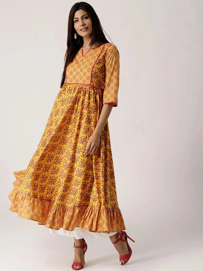 Yellow Printed Cotton Kurta - Libas